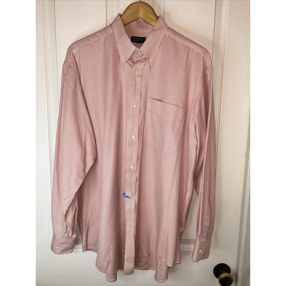 Harold Powell men's size L 100% cotton long sleeve pink‎ and white plaid shirt
